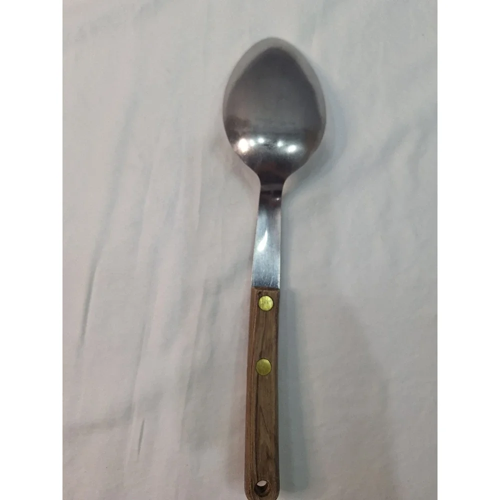 Vintage Stainless USA Serving Spoon Wood Grain Handle Brass Rivets 10.5 Inch